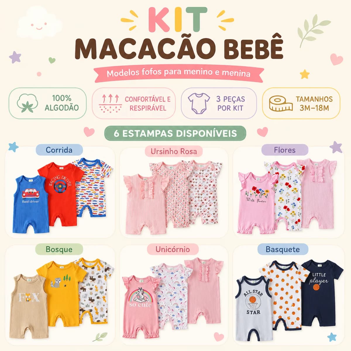 Set 3 Baby Short Jumpsuits 100% Cotton 6 Model Printed Male and Female 3 up to 18 Months