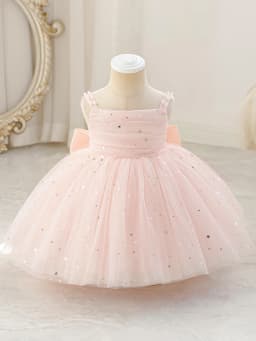 Elegant Pink Silk Party Dress for Girls Featuring Glitter-Embellished Net Overlay, Delicate Butterfly-Knot Accents Banquets