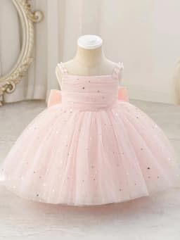 Elegant Pink Silk Party Dress for Girls Featuring Glitter-Embellished Net Overlay, Delicate Butterfly-Knot Accents Banquets