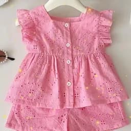 New Korean Style Girls' Summer Pink Cotton Suit Baby Hollow Small Flying Sleeve Top + Shorts Two-Piece Sweet Baby Girl Suit