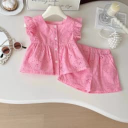 New Korean Style Girls' Summer Pink Cotton Suit Baby Hollow Small Flying Sleeve Top + Shorts Two-Piece Sweet Baby Girl Suit