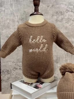 Ylsteed Hello World Knitting Newborn Photography Romper with Matching Pomp Hat Baby Boy Girl Sweater Outfits for Photo Shooting