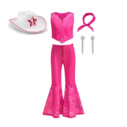 Cow Girls Dress up Movie Heroine Inspired Sweet Doll Girl Carnival Pink Cowboy Costume Vest+Flared Pants+Bandana Street Outfit