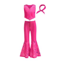 Cow Girls Dress up Movie Heroine Inspired Sweet Doll Girl Carnival Pink Cowboy Costume Vest+Flared Pants+Bandana Street Outfit