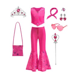 Cow Girls Dress up Movie Heroine Inspired Sweet Doll Girl Carnival Pink Cowboy Costume Vest+Flared Pants+Bandana Street Outfit