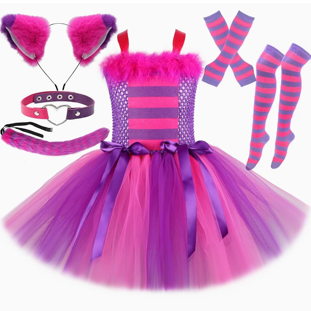 Girls Cat Costume Hot Pink Purple Cartoon Magic Striped Cat Tutu Dress Toddler Kids Halloween Carnival Party Dress Up Outfits