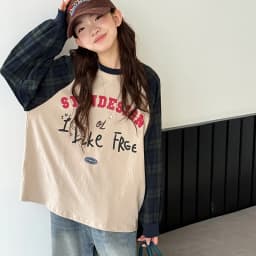 Girl's Long Sleeve T-Shirt 2025 New Fall Kids Raglan Sleeve Top Big Kids Autumn-Winter Plaid Patchwork Base Layer