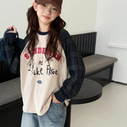 Girl's Long Sleeve T-Shirt 2025 New Fall Kids Raglan Sleeve Top Big Kids Autumn-Winter Plaid Patchwork Base Layer
