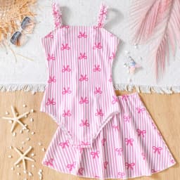 Girls' Summer Swimwear Set: Pink Bow and Striped Print Strapless One-Piece Swimsuit and Short Skirt Two-Piece Set Suitable for Girls Aged 8-12, Versatile Clothing for Beach and Pool