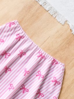 Girls' Summer Swimwear Set: Pink Bow and Striped Print Strapless One-Piece Swimsuit and Short Skirt Two-Piece Set Suitable for Girls Aged 8-12, Versatile Clothing for Beach and Pool