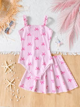 Girls' Summer Swimwear Set: Pink Bow and Striped Print Strapless One-Piece Swimsuit and Short Skirt Two-Piece Set Suitable for Girls Aged 8-12, Versatile Clothing for Beach and Pool