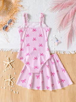 Girls' Summer Swimwear Set: Pink Bow and Striped Print Strapless One-Piece Swimsuit and Short Skirt Two-Piece Set Suitable for Girls Aged 8-12, Versatile Clothing for Beach and Pool