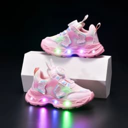 2026 Kids Casual Butterfly Decor Shoes Girls Led Light Cartoon PU Leather Fashion Sport Flat Bottom Shoes Breathable Purple Pink