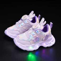 2026 Kids Casual Butterfly Decor Shoes Girls Led Light Cartoon PU Leather Fashion Sport Flat Bottom Shoes Breathable Purple Pink