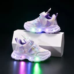 2026 Kids Casual Butterfly Decor Shoes Girls Led Light Cartoon PU Leather Fashion Sport Flat Bottom Shoes Breathable Purple Pink