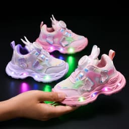 2026 Kids Casual Butterfly Decor Shoes Girls Led Light Cartoon PU Leather Fashion Sport Flat Bottom Shoes Breathable Purple Pink