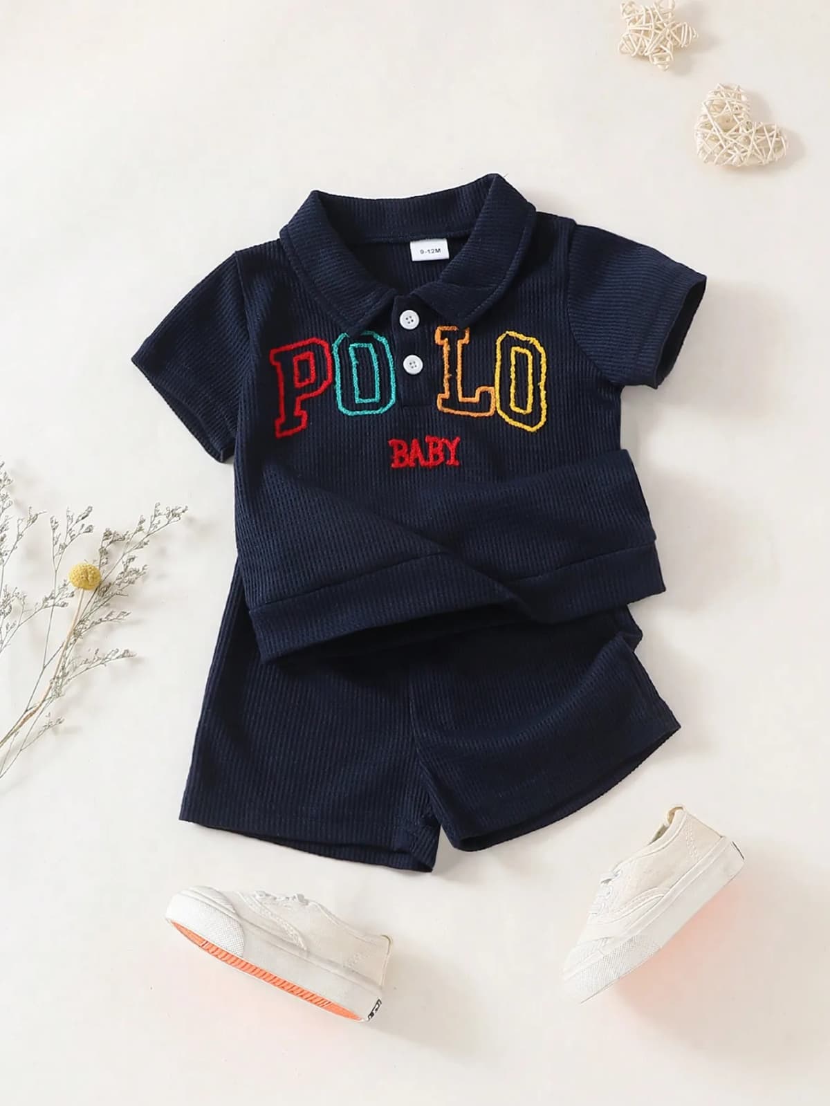 Baby Boys Two-Piece Set Embroidered Long-Sleeved Polos with Colorful Letters Waffle Shorts College-Style Spring Summer Outfit