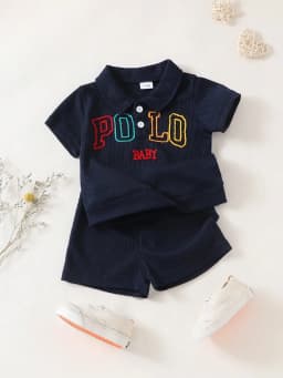 Baby Boys Two-Piece Set Embroidered Long-Sleeved Polos with Colorful Letters Waffle Shorts College-Style Spring Summer Outfit