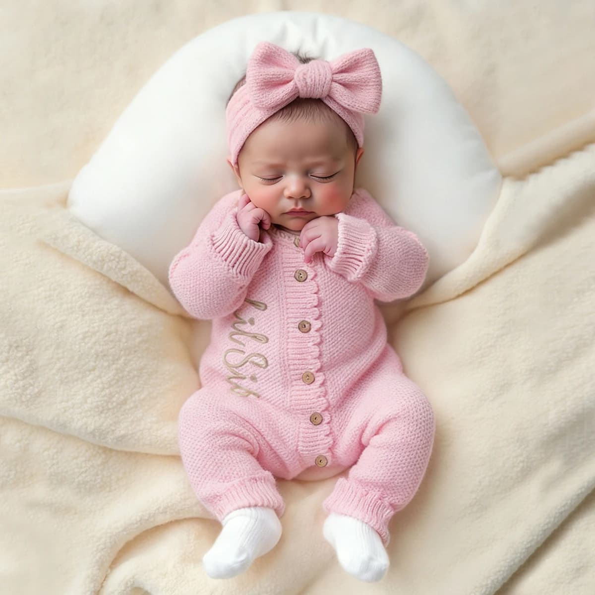 Ylsteed 2Pcs Newborn Knitted Outfit With Bow Headband, Welcome Embroidered Baby Romper For Photo Shoot & Daily Wear 0-3M