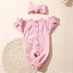 Ylsteed 2Pcs Newborn Knitted Outfit With Bow Headband, Welcome Embroidered Baby Romper For Photo Shoot & Daily Wear 0-3M