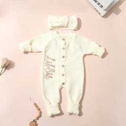 Ylsteed 2Pcs Newborn Knitted Outfit With Bow Headband, Welcome Embroidered Baby Romper For Photo Shoot & Daily Wear 0-3M