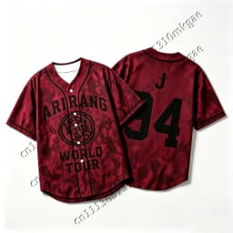 Kpop Arirang World Tour 95 Baseball Jersey Men Women Burgundy Tie Dye Button Up Short Sleeve Loose Concert Fans Kids Casual Tops