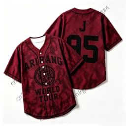 Kpop Arirang World Tour 95 Baseball Jersey Men Women Burgundy Tie Dye Button Up Short Sleeve Loose Concert Fans Kids Casual Tops