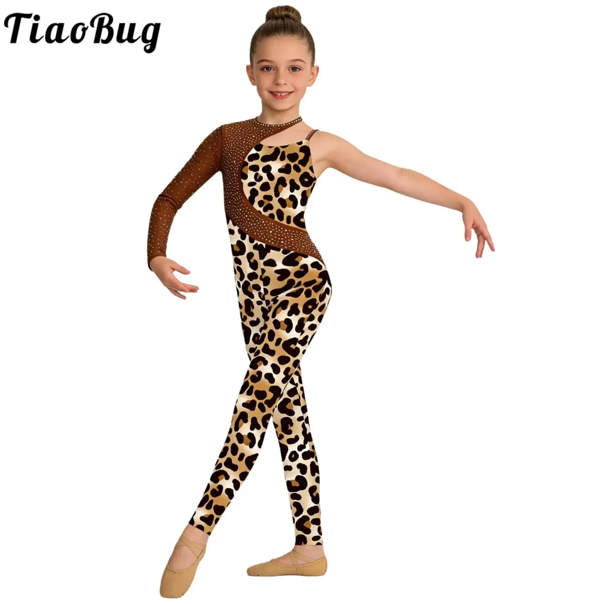 Kids Girls Gymnastics Ballet Dance Leotard Shiny Rhinestone Printed Unitards Jumpsuit for Figure Skating Acrobatics Performance