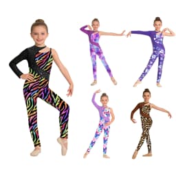 Kids Girls Gymnastics Ballet Dance Leotard Shiny Rhinestone Printed Unitards Jumpsuit for Figure Skating Acrobatics Performance