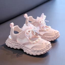 Sweet Pearl Bowknot Decoration Sneakers Girl 2026 Autumn Breathable Mesh Hollow Out Sports Shoes Soft Thick Bottom Running Shoes