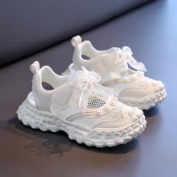 Sweet Pearl Bowknot Decoration Sneakers Girl 2026 Autumn Breathable Mesh Hollow Out Sports Shoes Soft Thick Bottom Running Shoes