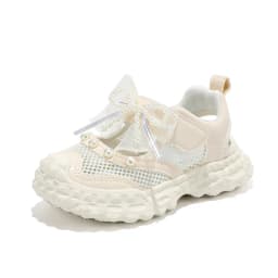 Sweet Pearl Bowknot Decoration Sneakers Girl 2026 Autumn Breathable Mesh Hollow Out Sports Shoes Soft Thick Bottom Running Shoes