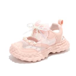 Sweet Pearl Bowknot Decoration Sneakers Girl 2026 Autumn Breathable Mesh Hollow Out Sports Shoes Soft Thick Bottom Running Shoes