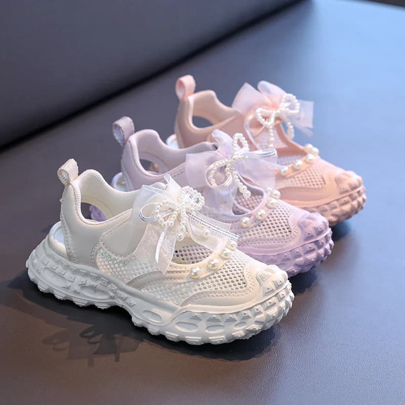 Sweet Pearl Bowknot Decoration Sneakers Girl 2026 Autumn Breathable Mesh Hollow Out Sports Shoes Soft Thick Bottom Running Shoes