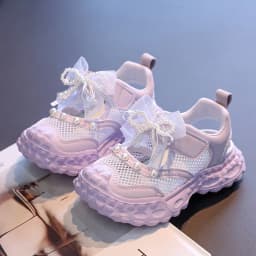 Sweet Pearl Bowknot Decoration Sneakers Girl 2026 Autumn Breathable Mesh Hollow Out Sports Shoes Soft Thick Bottom Running Shoes