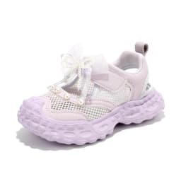 Sweet Pearl Bowknot Decoration Sneakers Girl 2026 Autumn Breathable Mesh Hollow Out Sports Shoes Soft Thick Bottom Running Shoes