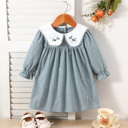 1-Piece Corduroy Floral Embroidery Dress for Toddlers and Young Children, Color-Blocking Embroidered Collar, Long-Sleeve Girls' Dress for Spring, Autumn, and Winter, Versatile Casual Style Girls' Clothing