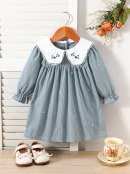 1-Piece Corduroy Floral Embroidery Dress for Toddlers and Young Children, Color-Blocking Embroidered Collar, Long-Sleeve Girls' Dress for Spring, Autumn, and Winter, Versatile Casual Style Girls' Clothing