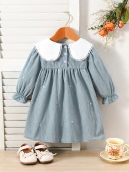 1-Piece Corduroy Floral Embroidery Dress for Toddlers and Young Children, Color-Blocking Embroidered Collar, Long-Sleeve Girls' Dress for Spring, Autumn, and Winter, Versatile Casual Style Girls' Clothing