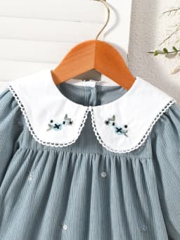 1-Piece Corduroy Floral Embroidery Dress for Toddlers and Young Children, Color-Blocking Embroidered Collar, Long-Sleeve Girls' Dress for Spring, Autumn, and Winter, Versatile Casual Style Girls' Clothing