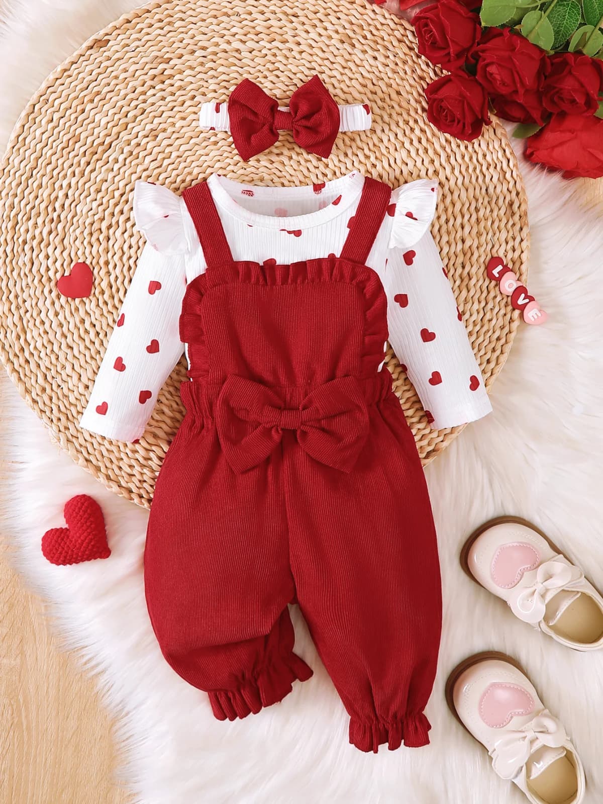 0-18 Months Baby Girl Clothing Outfit 3Pcs Bodysuit Heart Print Long Sleeve Jumpsuit Headband Newborn Baby Autumn Clothes Set