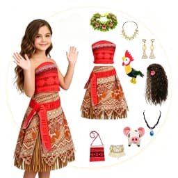 Adult Kids Moana Vaiana 2Pcs Cosplay Dress Polynesian Princess Costume with Wig Necklace Halloween Birthday Party Costume