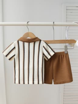 Baby Boy 2-Piece Set Casual Texture Fabric Polo Collar Short-Sleeved Shirt And Knitted Shorts Summer Sports Outfit