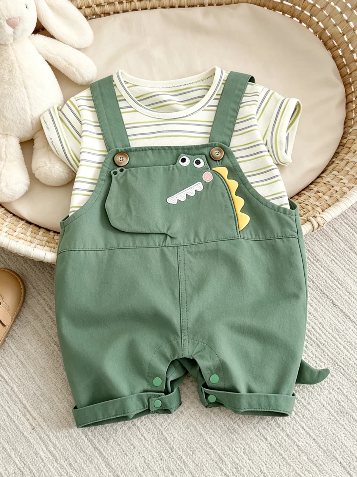 TtkaaBaby Boys' 3D Dinosaur Embroidered Short-Sleeve Overalls Two-Piece Set—Boys' Cartoon Korean Style—Baby Birthday Gift