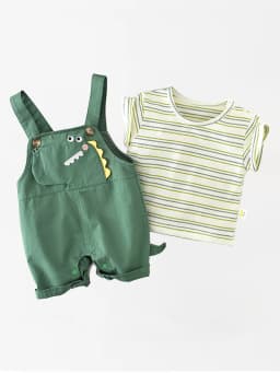 TtkaaBaby Boys' 3D Dinosaur Embroidered Short-Sleeve Overalls Two-Piece Set—Boys' Cartoon Korean Style—Baby Birthday Gift