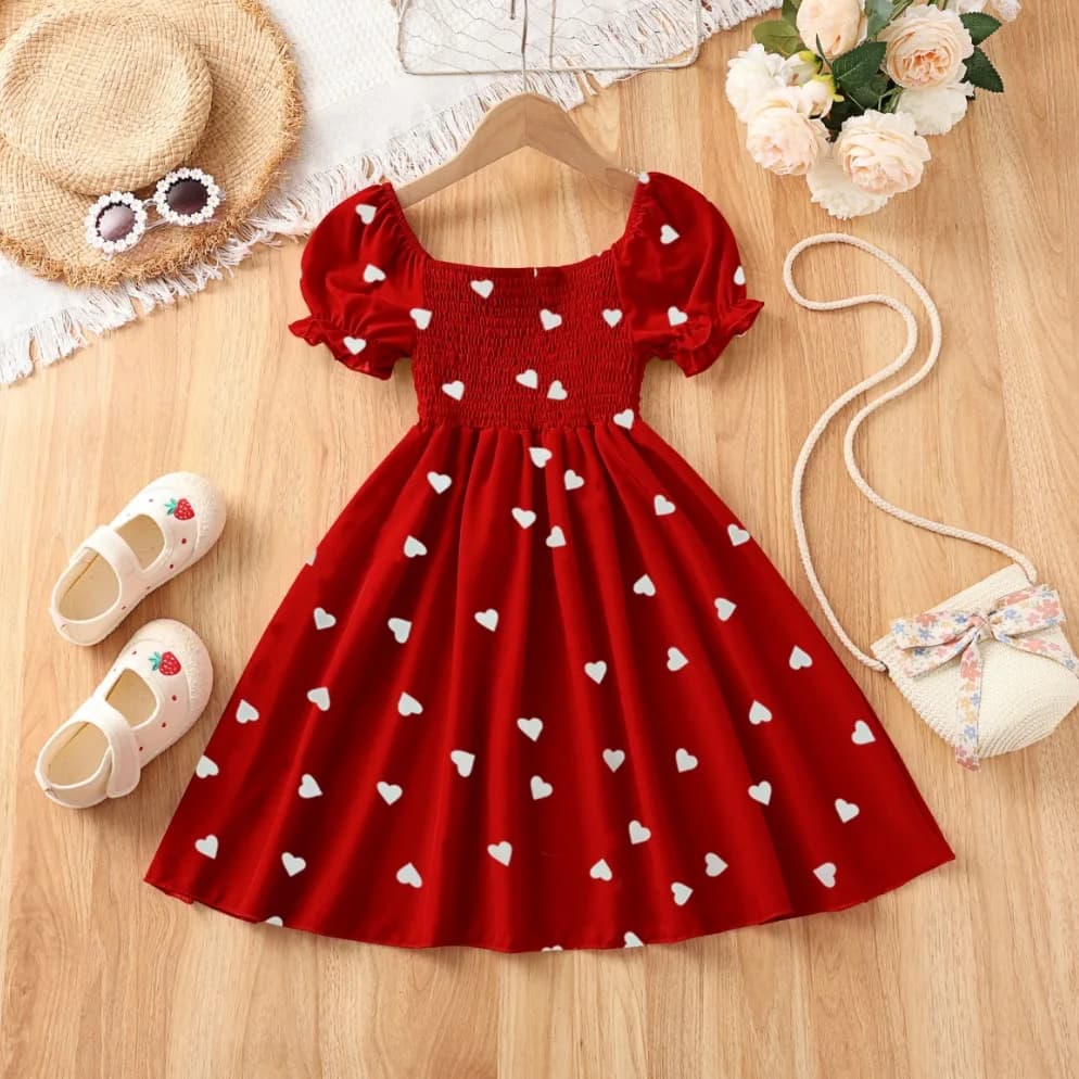 Girls Heart Print Puff Sleeve Dress – Summer Bow Princess Dress for Kids Ages 2-8, Cute Toddler Party & Daily Wear