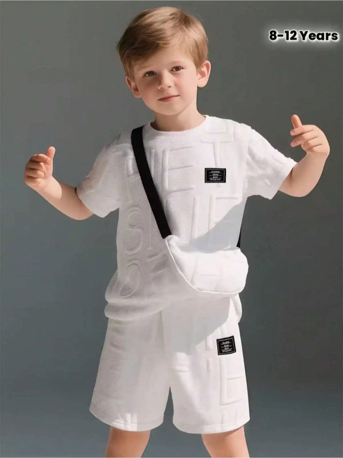 Boys' leisure summer outing two-piece set solid color three-dimensional embossed round neck short sleeved T-shirt+shorts set