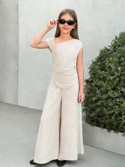 Kids Girls 2-Piece Summer Outfit Set, Beige Textured Fabric Asymmetric Off Shoulder Ruched Crop Top & Elastic High Waist Wide Le