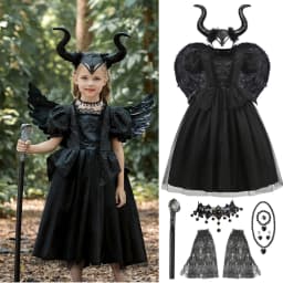 Kids Maleficent Costume Set Girls Evil Queen Outfit Deluxe Black Tulle Dress with Accessories for Carnival Party Role Play