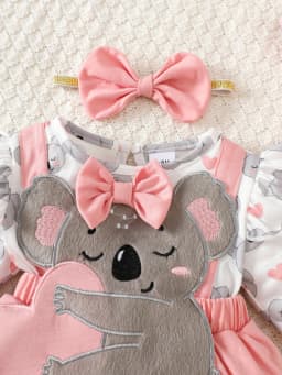 3D Koala Cute One-Piece Tulle Dress + Bow Headband, Pink and Gray, Fresh and Adorable, Perfect for Cute Photos, Princess Outfit